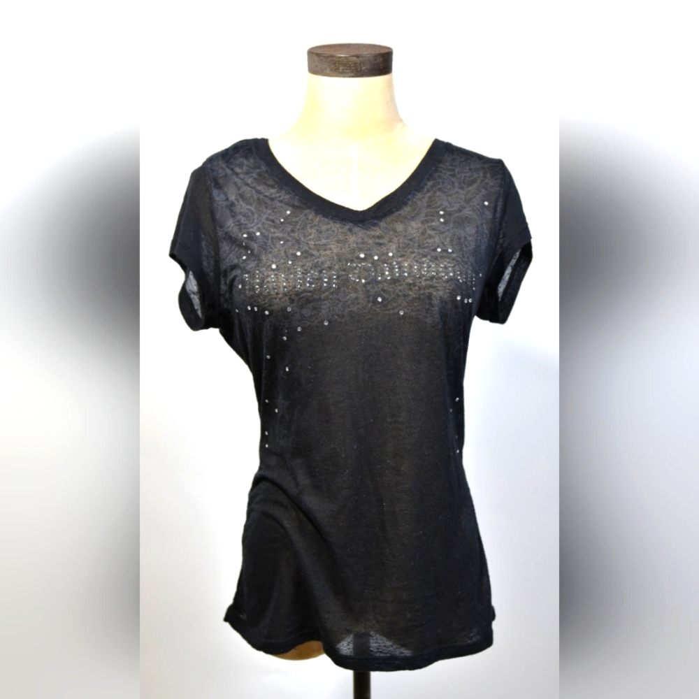 Sheer black Harley Davidson sexy t-shirt with HD spelled out in crystals.